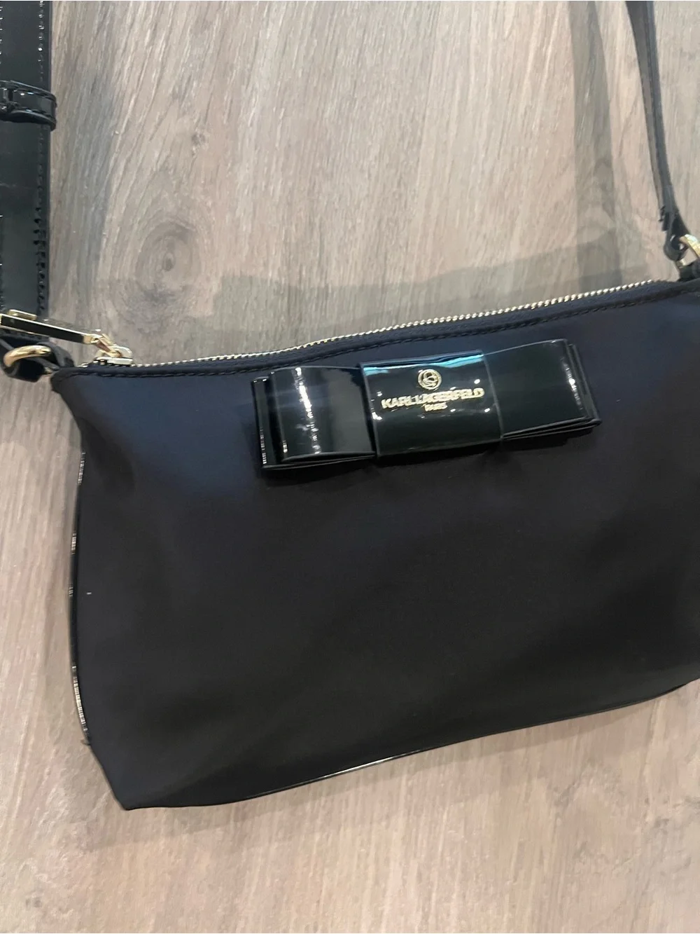 Karl Lagerfeld Black Nylon Crossbody with Patent Bow Accent